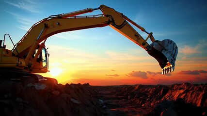Yellow Excavator Digging Earth at Sunset with Vibrant Orange and Blue Sky Industrial Scene