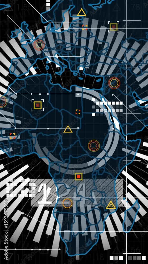 Poster in school, creating animation of futuristic global map with circular bar graphs