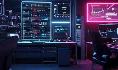 Futuristic cybersecurity command center with multiple monitors displaying complex data analytics and code in a neon-lit environment. - Powered by Adobe