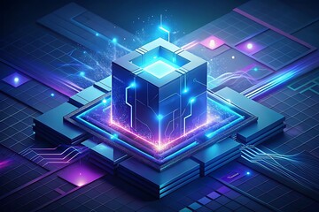 Abstract digital technology background. Isometric AI chip with AI hologram with circuit tech bg. Connected lines electric lightning. Bright light neon blue quantum CPU processor. illustration