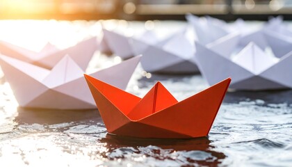 Obraz premium Red paper boat among many white ones