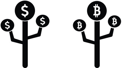 Minimalist vector illustration of two stylized money trees, one with dollar signs and the other with bitcoin symbols. The concept represents financial growth.