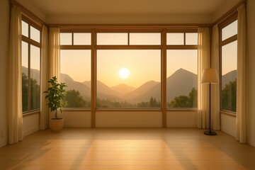 Fototapeta premium Cozy Glass Room at Sunrise with Mountain View and Soft Lighting