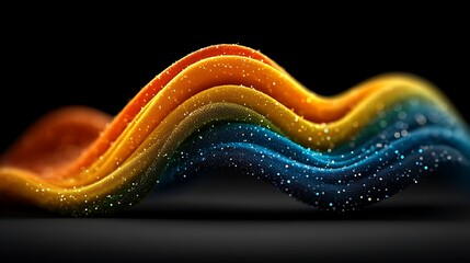 Vivid spectrum of flowing particle ribbons forming a wave motion, enhanced with subtle bokeh and realistic depth on a dark surface.