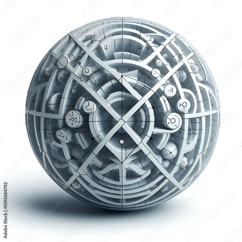 Poster complex geometric sphere with intricate patterns in a light gray color palette and smooth shadows.