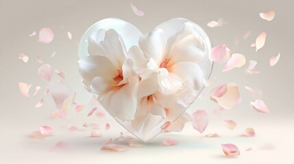 Delicate heart-shaped glass enclosure filled with soft white flowers, surrounded by floating pink petals