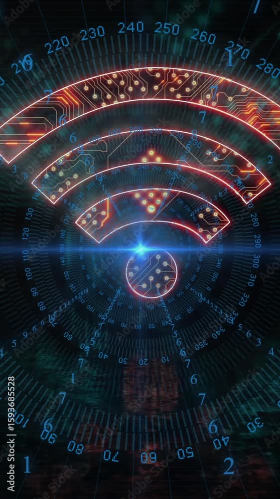 Poster animation of futuristic wi-fi signal with digital numbers and circuit patterns