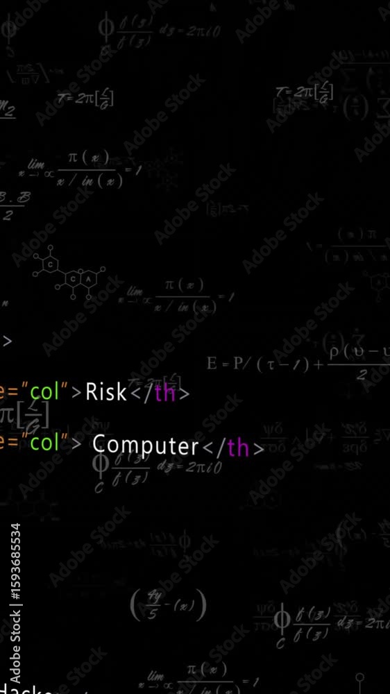 Poster animation of computer code, chemical formulas, and math equations on dark background
