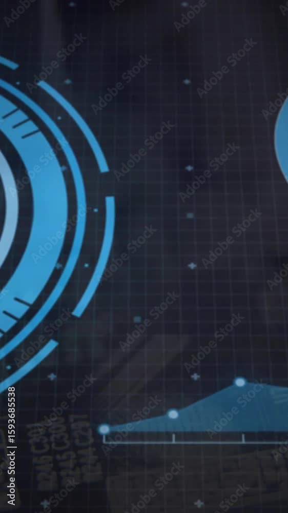 Poster animation of futuristic digital interface with circular graphics and data charts