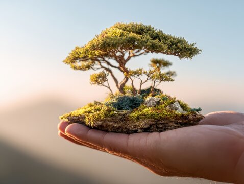 Miniature Bonsai Tree Landscape Held in Hand Against Soft Background