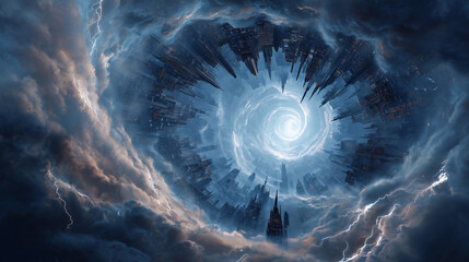 Fototapeta premium Surreal Floating Hollow City Surrounded by Auroras and Lightning