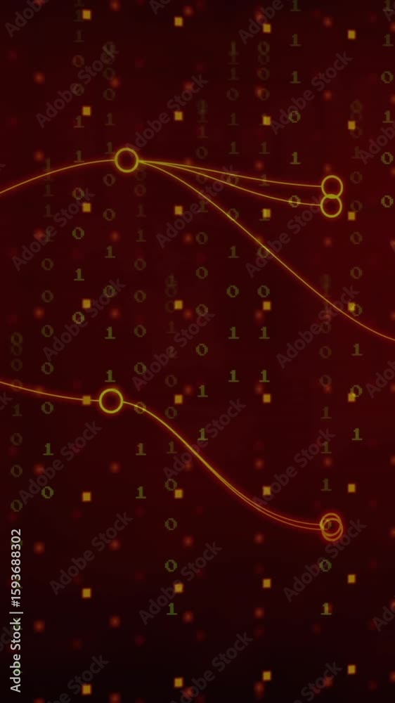Poster Animation of flowing red lines and nodes over digital binary code background