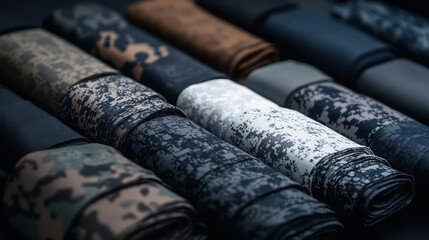 Assorted Camouflage Pattern Textile Rolls, Close Up