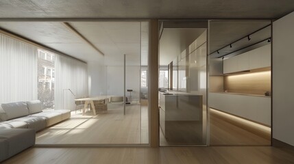 Modern open-plan apartment interior, bright & airy