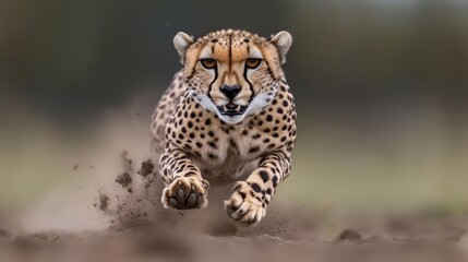 Cheetah sprinting across the savanna, eye level view.