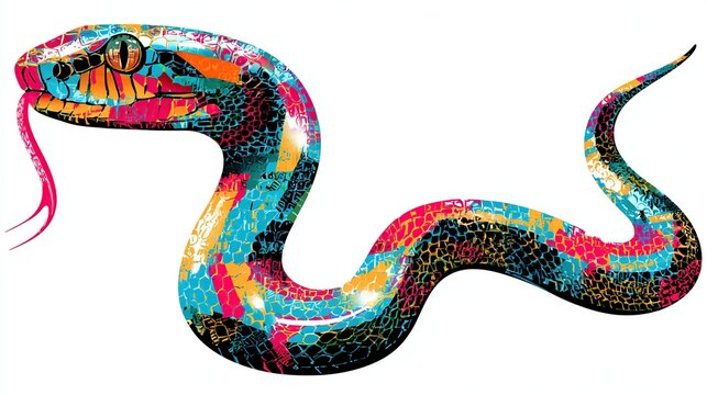 A colorful snake illustration, vibrant with blues, pinks, yellows, and oranges, tongue out, on white background - Powered by Adobe