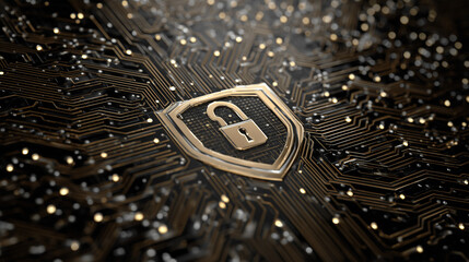 Data Privacy Shield Icon - Padlock Inside Circuit Shield