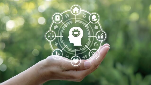 Hand holding mental wellbeing icons showing emotional health and cognitive function - Powered by Adobe