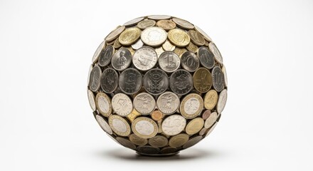 World of Currency: A close-up, high-angle shot of a globe meticulously crafted from a variety of coins, representing global finance and economy