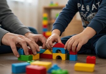 Fototapeta premium Building Together: A close-up shot captures a moment of shared activity, focusing on hands working together to assemble colorful building blocks on a neutral background, a child's joy in the process.