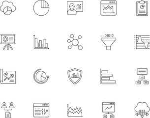 Data analystics icon set. Sharing, cloud, web page, stats, document, connection, bar graph, pie chart, shield, presentation, statistics, filter, report, data analysis, dashboard, finance, growth icons