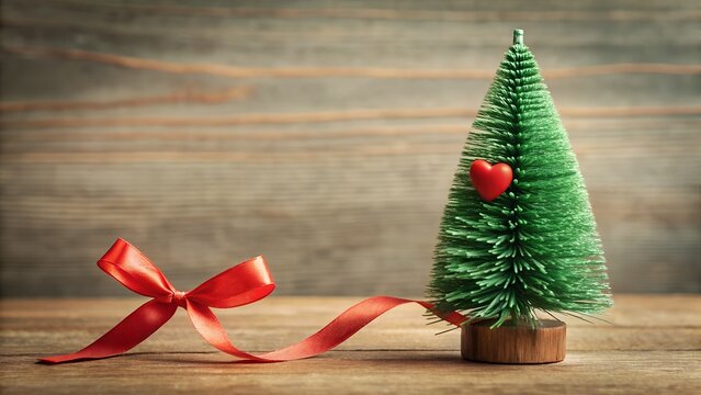 Festive miniature christmas tree adorned with a red heart ornament and a red ribbon on a rustic wooden background - Powered by Adobe