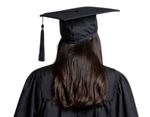 A - Female Graduate with Flowing Gown Looking Over Shoulder, Artistic Back View PNG.