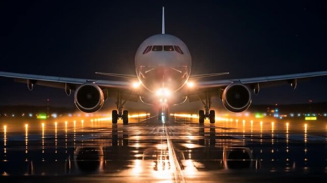 Boeing 737 airplane at night runway with head lights taking off ready for flight