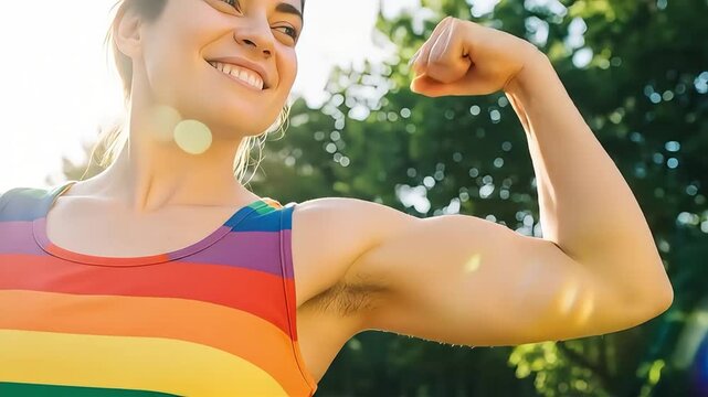 Smiling Woman Flexing Bicep in Rainbow Tank Top Outdoors in Sunlight