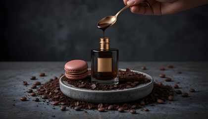 Aromatic Elixir: A minimalist scene presents an exquisite perfume bottle surrounded by roasted coffee beans, a delicate macaron, and a golden spoon gently pouring a dark, aromatic liquid. 