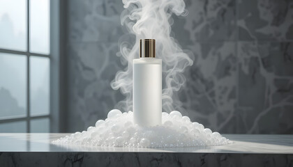 Spa in the Vapor: A sleek, elegant cosmetic bottle sits amidst a cloud of rising vapor and fluffy bubbles, conjuring a serene and luxurious spa experience.