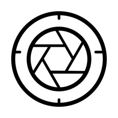 Minimalist black line art icon of a camera shutter, symbolizing photography, aperture, and focus. Ideal for photography.