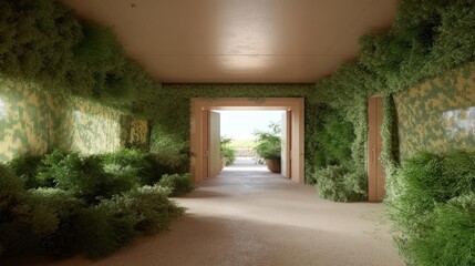 Obraz premium Lush Green Hallway Leads to Garden View