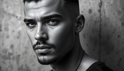 Intense Gaze: A striking black and white portrait of a man with a serious expression. Focused and intense, the image highlights the model's distinctive features and emotional depth.