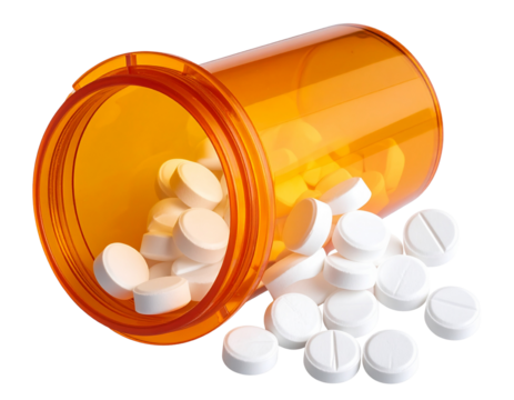  Angled Top-Down View of White Pills Pouring from Tipped Bottle, Transparent Background