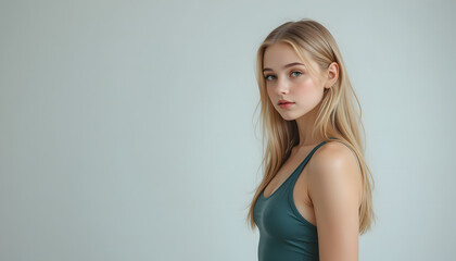 Ethereal Beauty in Soft Light: A stunning woman, her hair cascading in waves, gazes with a serene expression. Captured in soft focus, the photo highlights her delicate features and natural beauty.