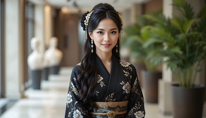 Elegant Lady in Kimono: A beautiful woman, adorned in an exquisite kimono, stands gracefully amidst a sophisticated interior setting, epitomizing cultural beauty and timeless charm.