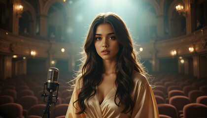 Center Stage Portrait: A radiant woman stands poised beneath a spotlight, her captivating presence commanding attention in an opulent theater setting. 