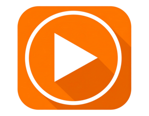 Flat Front View of Bright Orange Play Button Icon with Rounded Corners, Transparent Background