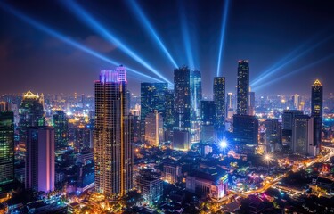 Obraz premium Night cityscape, illuminated by laser beams