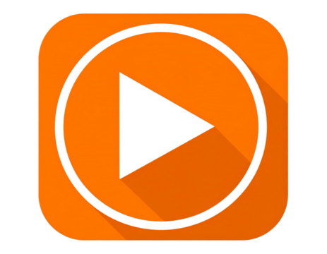 Flat Front View of Bright Orange Play Button Icon with Rounded Corners, Transparent Background