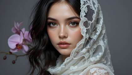 Elegant Portrait: A captivating portrait showcasing a young woman, adorned with a delicate veil, her serene expression, and soft beauty.