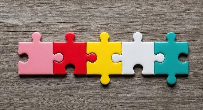 Photo of five colorful puzzle pieces connected together in a line on a wooden surface