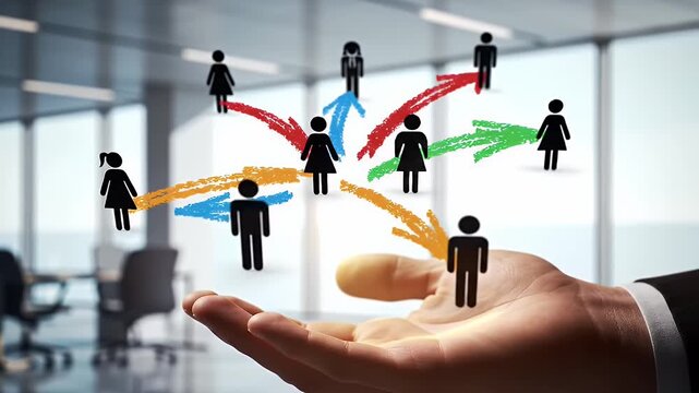 Abstract Human Network Diagram on Palm with Colorful Arrows Overlaid on a Modern Office Background Concept of Teamwork and Communication - Powered by Adobe