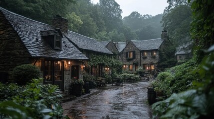 Naklejka premium Quaint Stone Cottage Courtyard in the Rain