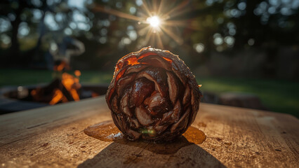 A pinecone sits on a wooden surface, illuminated by sunlight with a blurred fire in the background, creating a warm, outdoor ambiance.