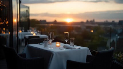 Romantic outdoor dining with sunset view.