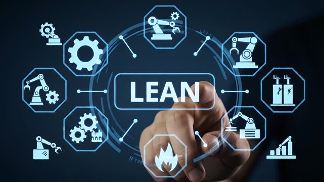 Abstract Lean Manufacturing Interface on Dark Blue Showing Robotics Gears and Automation Systems for Optimizing Production Process and Industrial Technology
