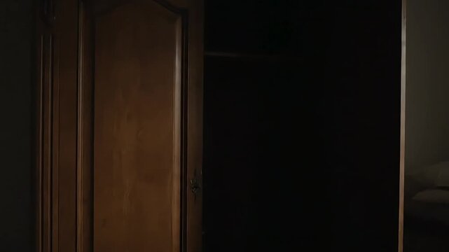 Dark Wooden Armoire Door Slowly Opens Revealing Shadowy Interior.
