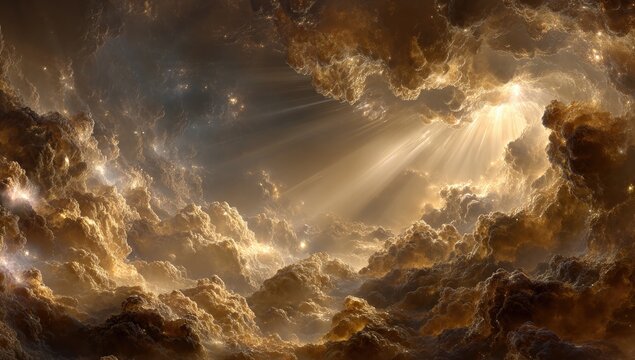 Golden clouds, sunbeams pierce through cosmic clouds